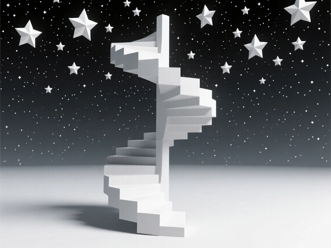 A surreal staircase spiraling into a starry void, beneath a sky filled with countless stars. the composition uses a wide, immersive perspective. A sense of quiet wonder fills the cosmos.