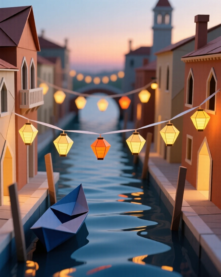 The canals of Venice glowing warmly under strings of lantern light at dusk.