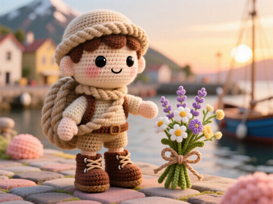 a young mountain guide, with sturdy boots and a coiled rope, is captured leading the way up a gentle trail in a small harbor town at sunrise beside a bundle of fresh flowers tied with twine, radiating warm, homespun charm and quiet dedication.