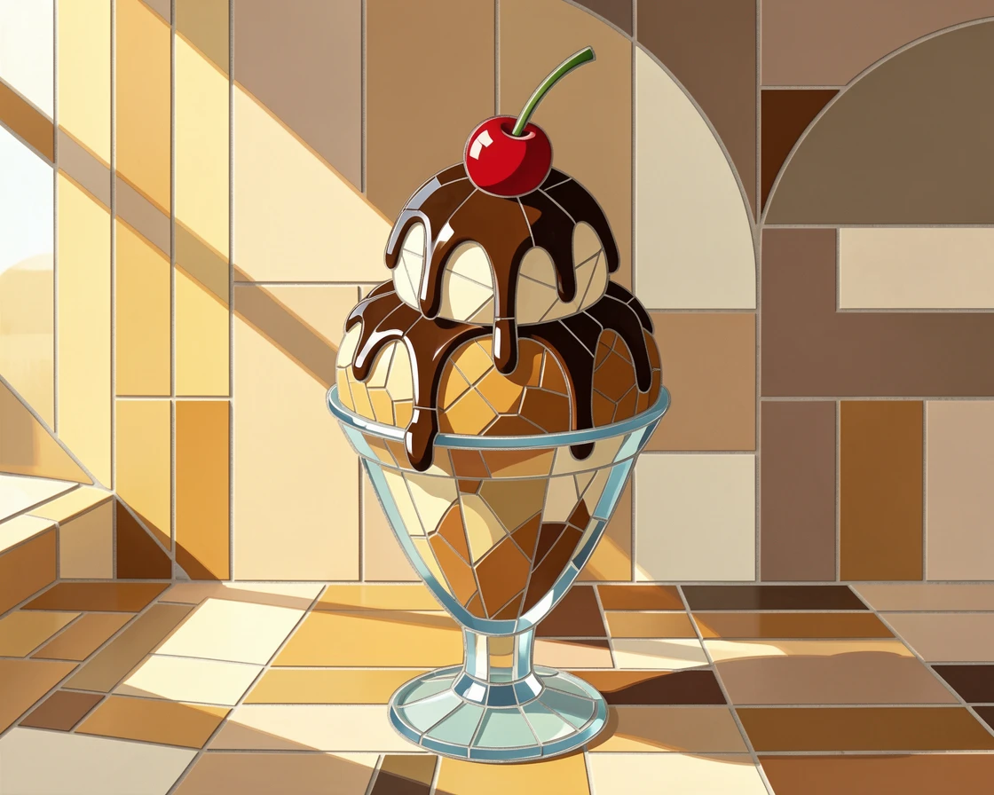 A decadent ice cream sundae topped with hot fudge and a cherry, styled beautifully with warm natural window light.