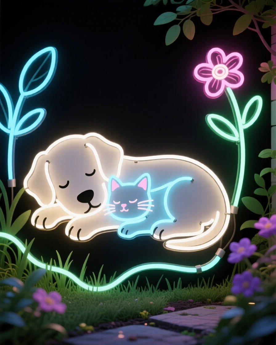 a puppy and kitten napping together in a quiet backyard garden.