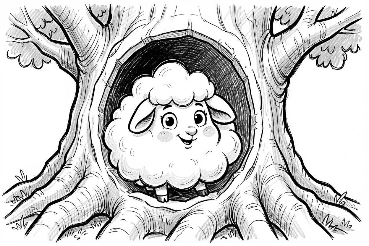 A cloud creature shaped like a sheep inside a hollowed-out giant tree.