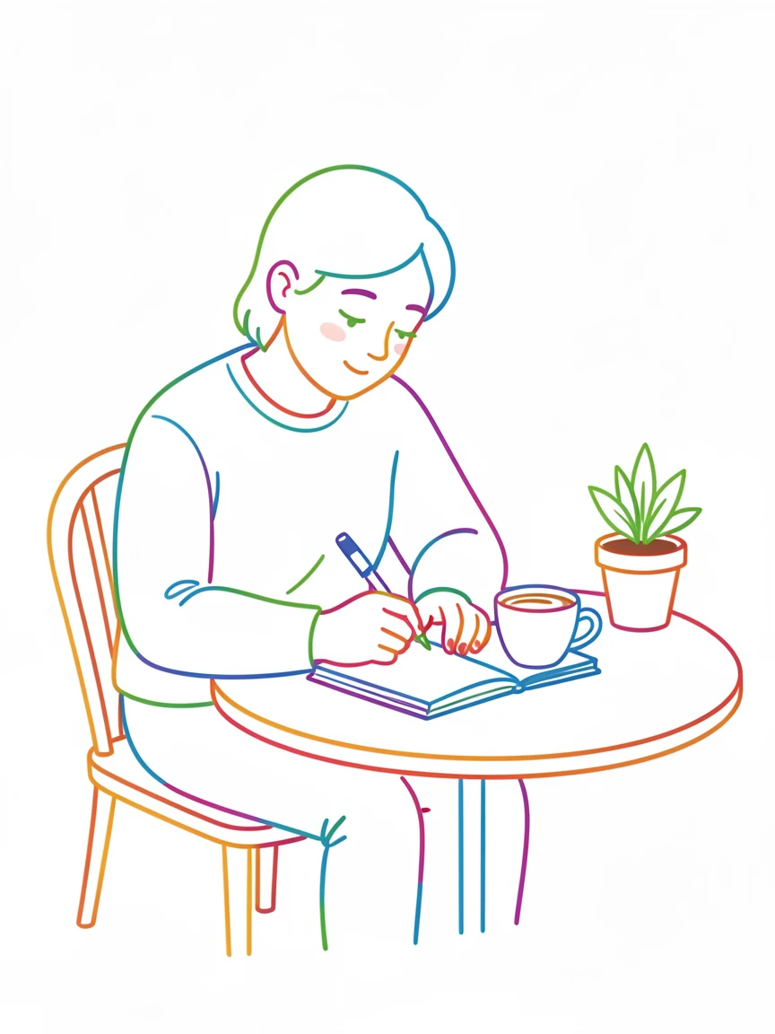 A person journaling at a café table with a latte and a plant nearby.