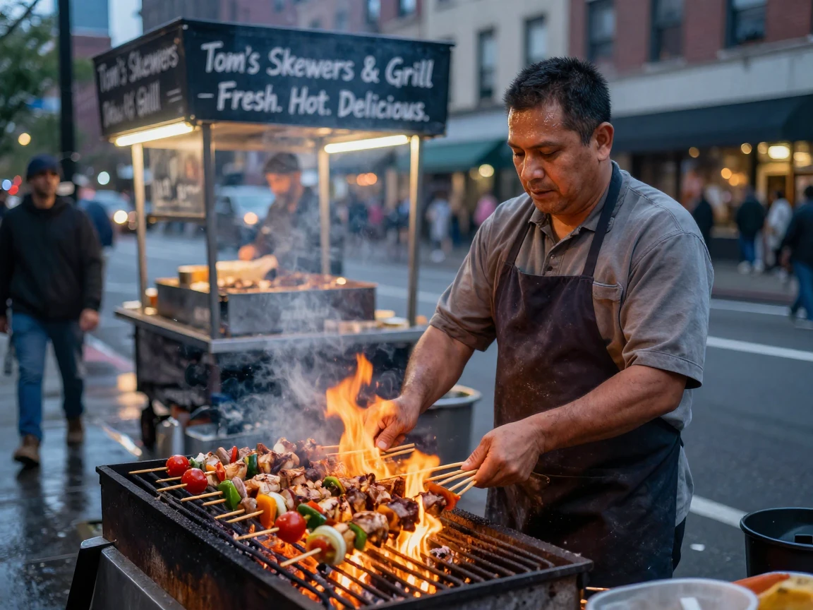 A street food vendor grilling skewers over open flames