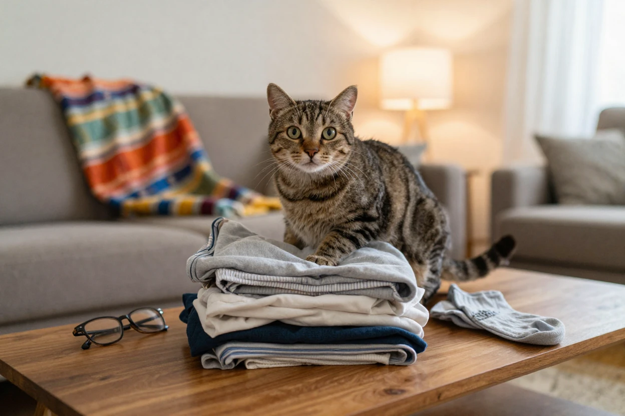 A cat 'helps' fold laundry by immediately sitting on the freshly folded pile.