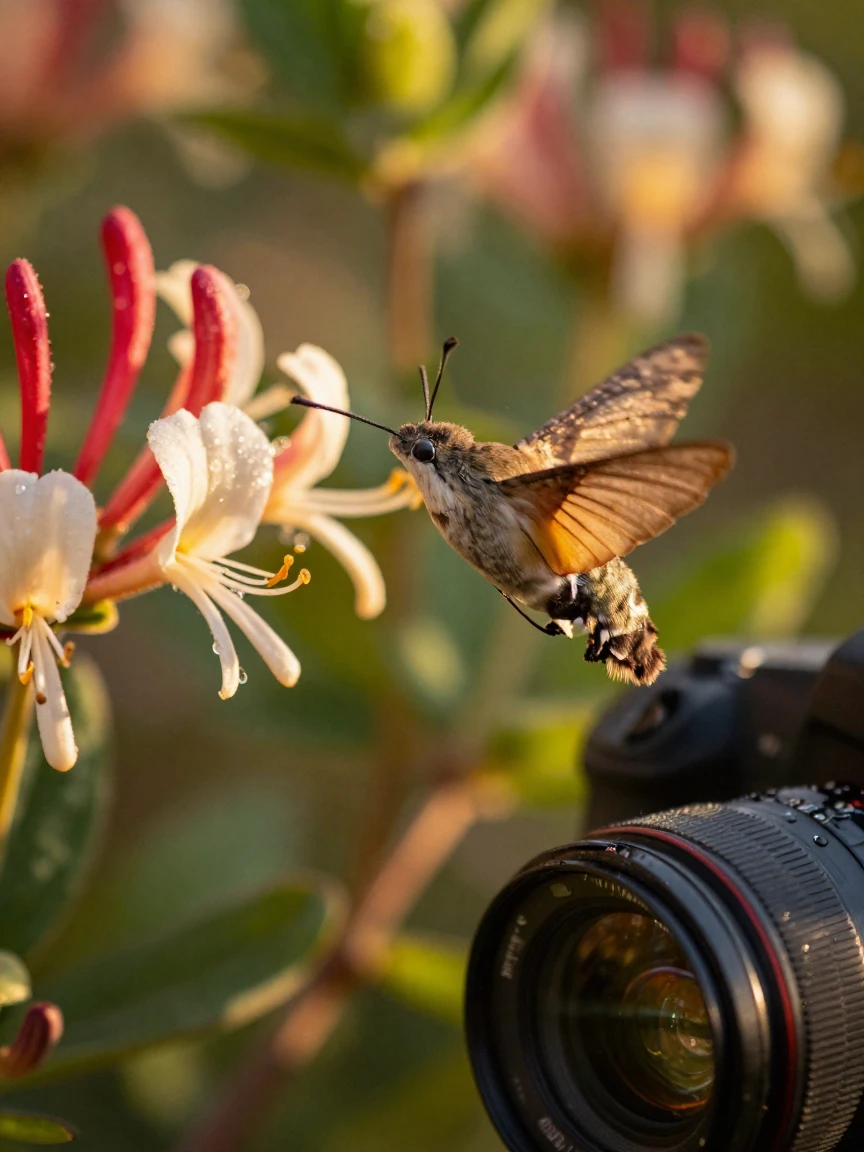 A hummingbird moth hovering beside a cluster of blooming honeysuckle