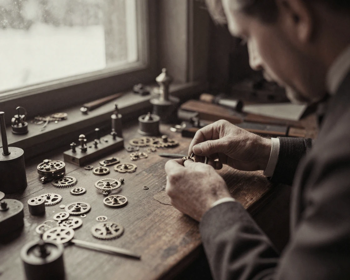 A watchmaker's cluttered desk covered in tiny brass gears, in soft window light, as heat shimmers over the ground, in the depths of winter, with a soft sepia-tinted glow, over the shoulder of the main subject.