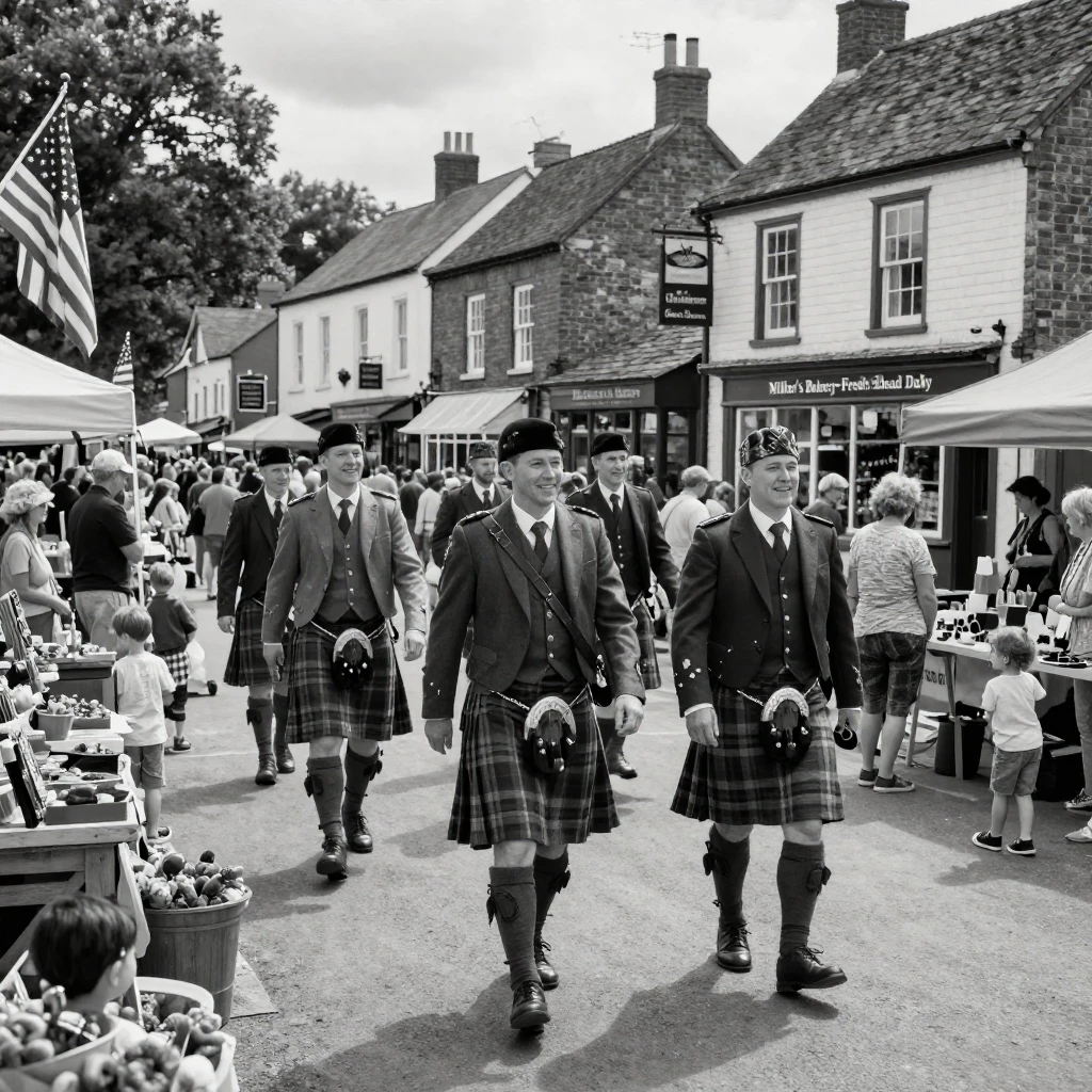 Men in traditional kilts parade through the village square in a bustling market town square.