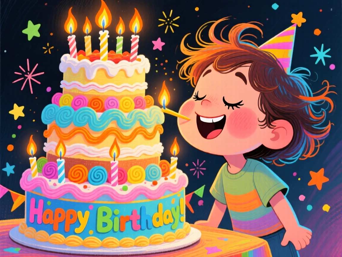 A birthday child blowing out candles on a towering cake, eyes closed making a wish.