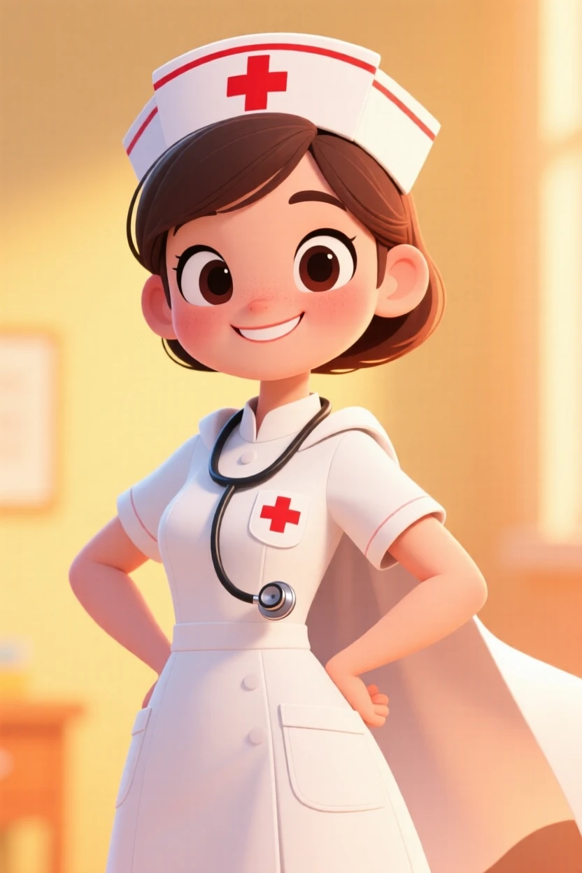 A charming portrait of a gentle nurse, puffing out their chest with pride, surrounded by soft warm lighting.