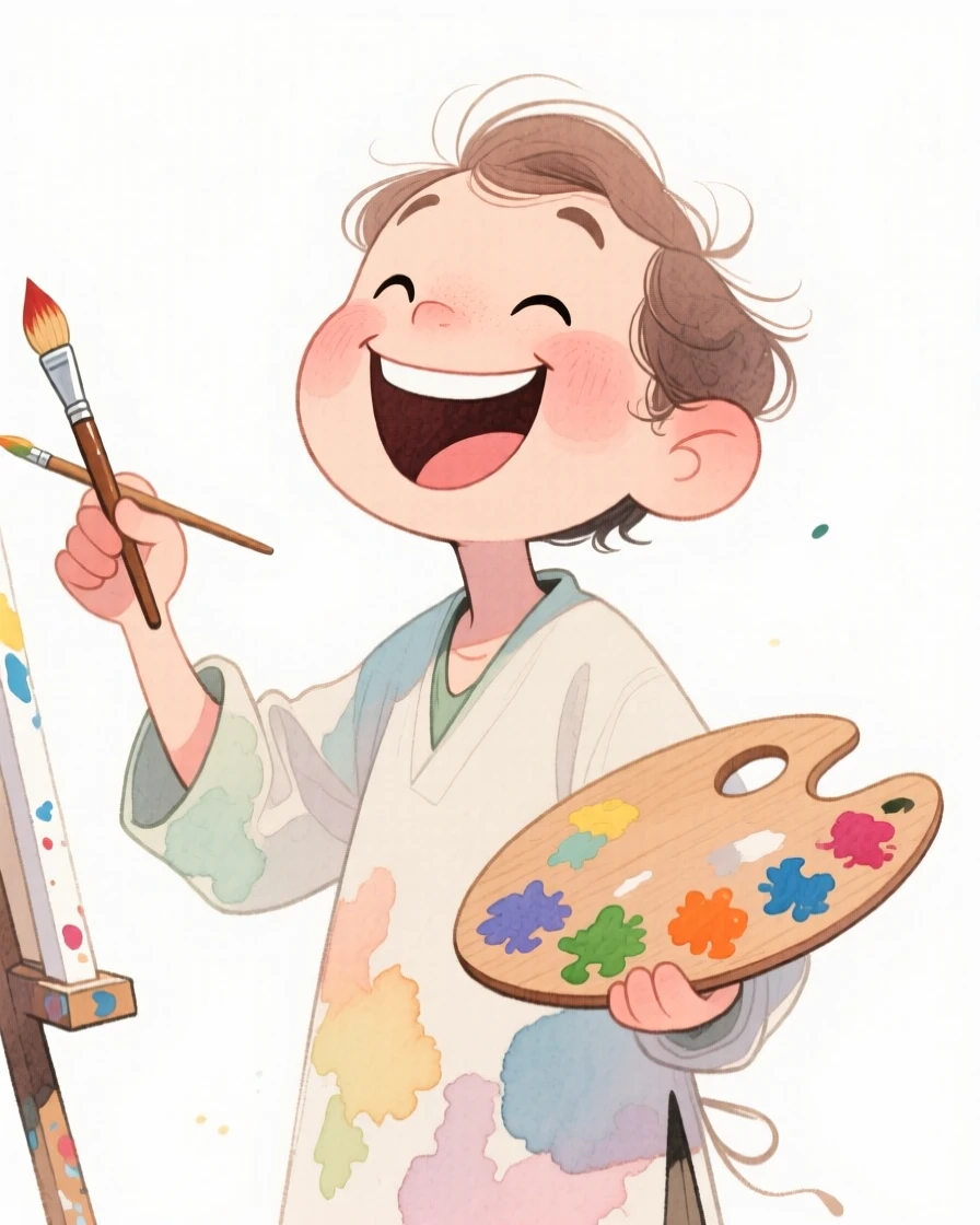 A painter laughing mid-task with genuine warmth