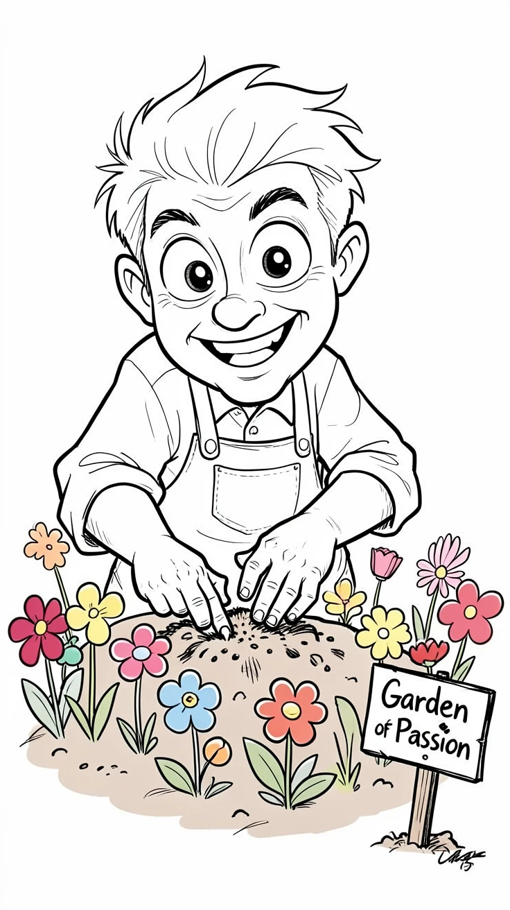 [Occupations & Hobbies] Detailed scene of a passionate gardener tending to a colorful flower bed, showcasing skill and dedication