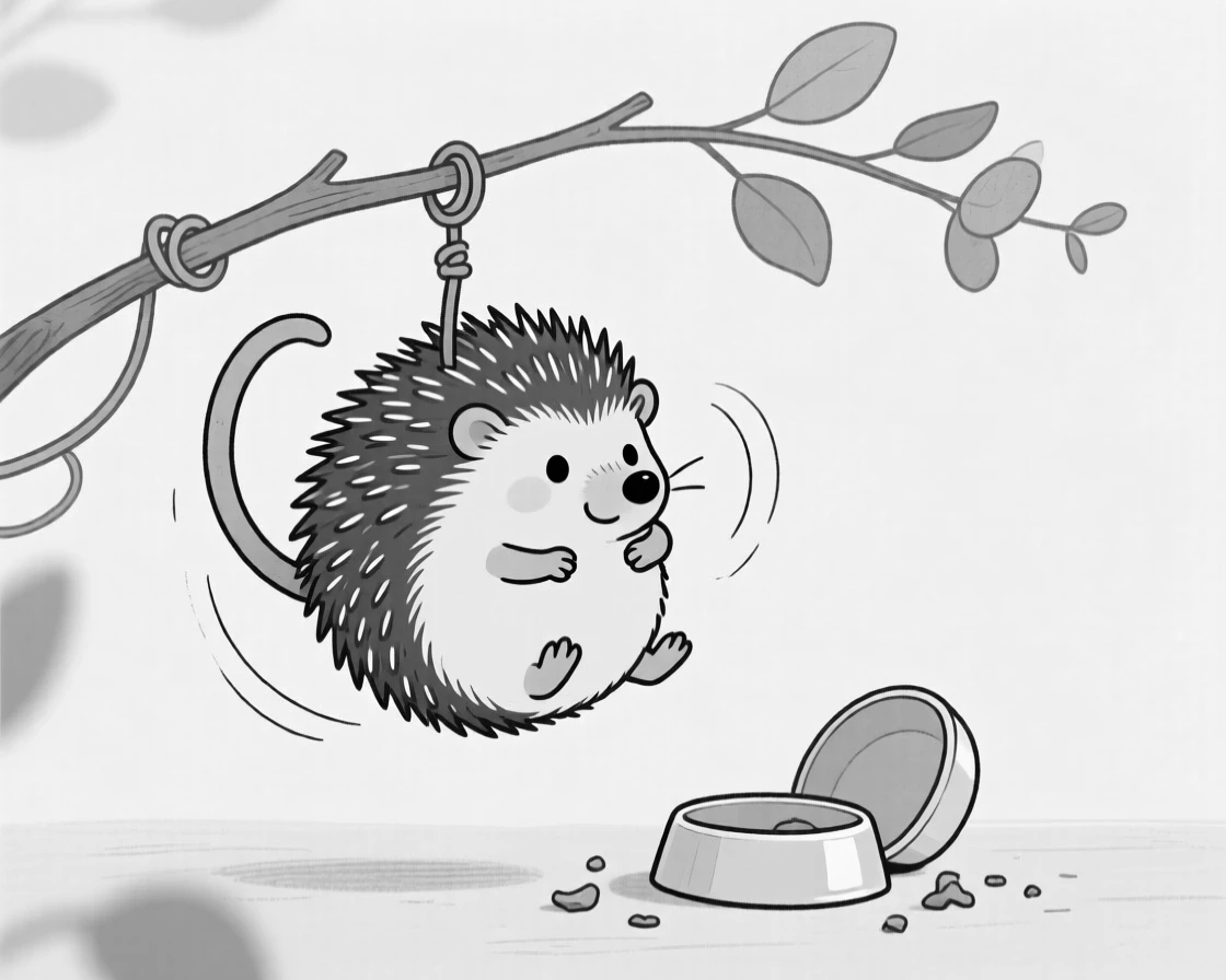 A tiny hedgehog curled into a defensive ball, chasing its own tail in dizzy circles, set hanging from a eucalyptus branch. A food bowl sits tipped over and empty. The scene captures unconditional, goofy love.