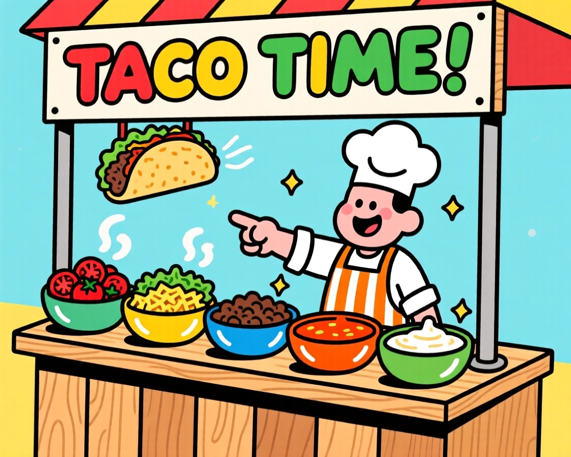 A taco stand with colorful toppings lined up in bowls.