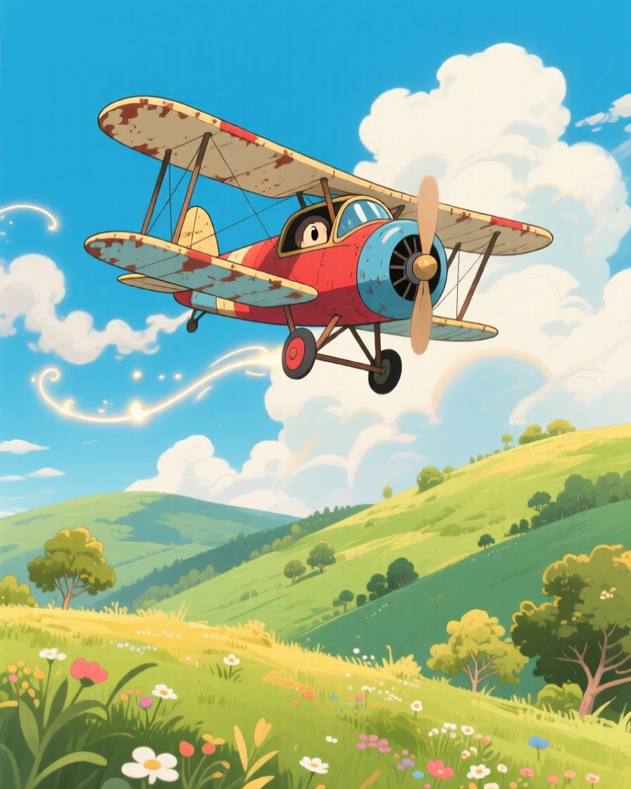 A charming scene of an old biplane soaring above rolling green hills, with steam and light trailing behind it.