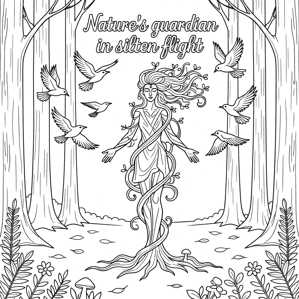 A forest spirit made of vines and glowing moss, with a flock of ravens scattering into the sky.