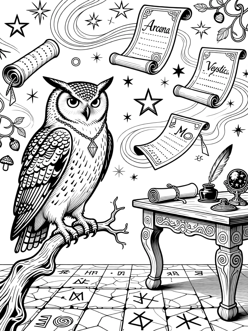 A wizard's familiar owl perched among floating scrolls and stars.