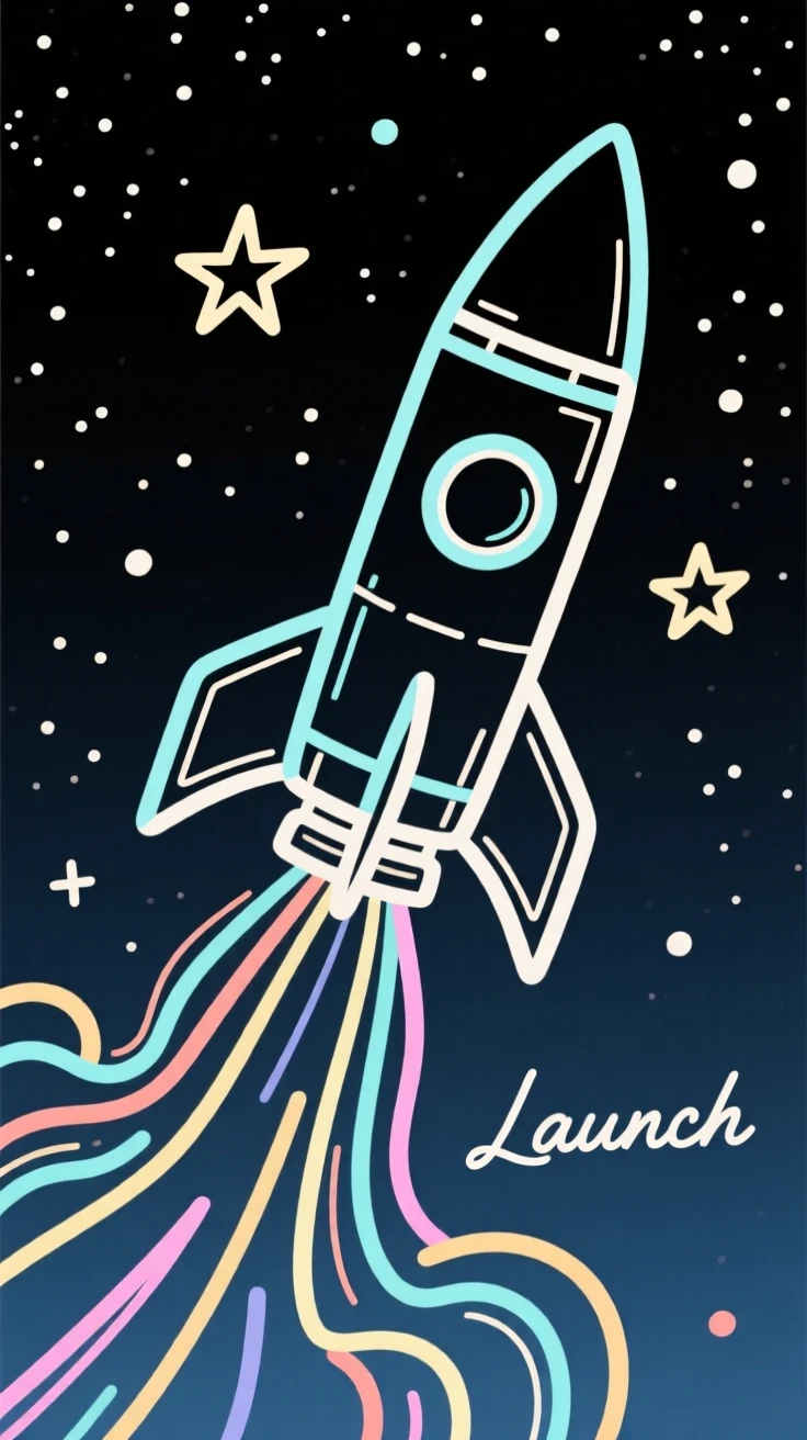 A rocket launching into a starry sky with billowing exhaust below.