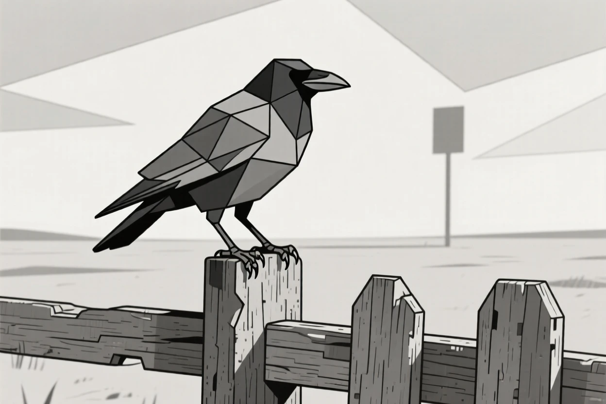 A crow standing on an old wooden fence post
