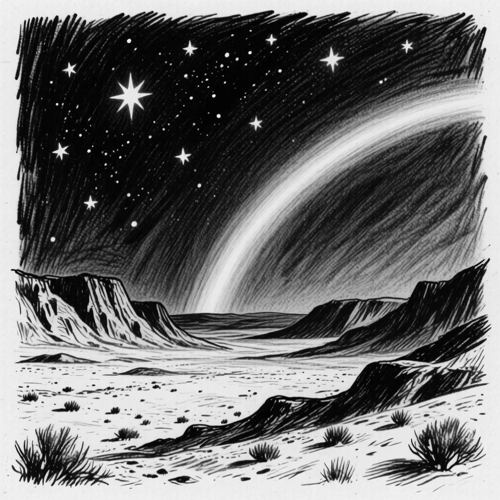 A star-filled night sky over a desert with a rainbow stretching across the valley.