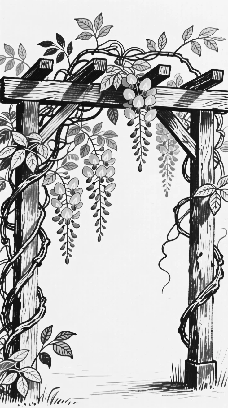 A climbing vine of purple wisteria draping over a garden archway.