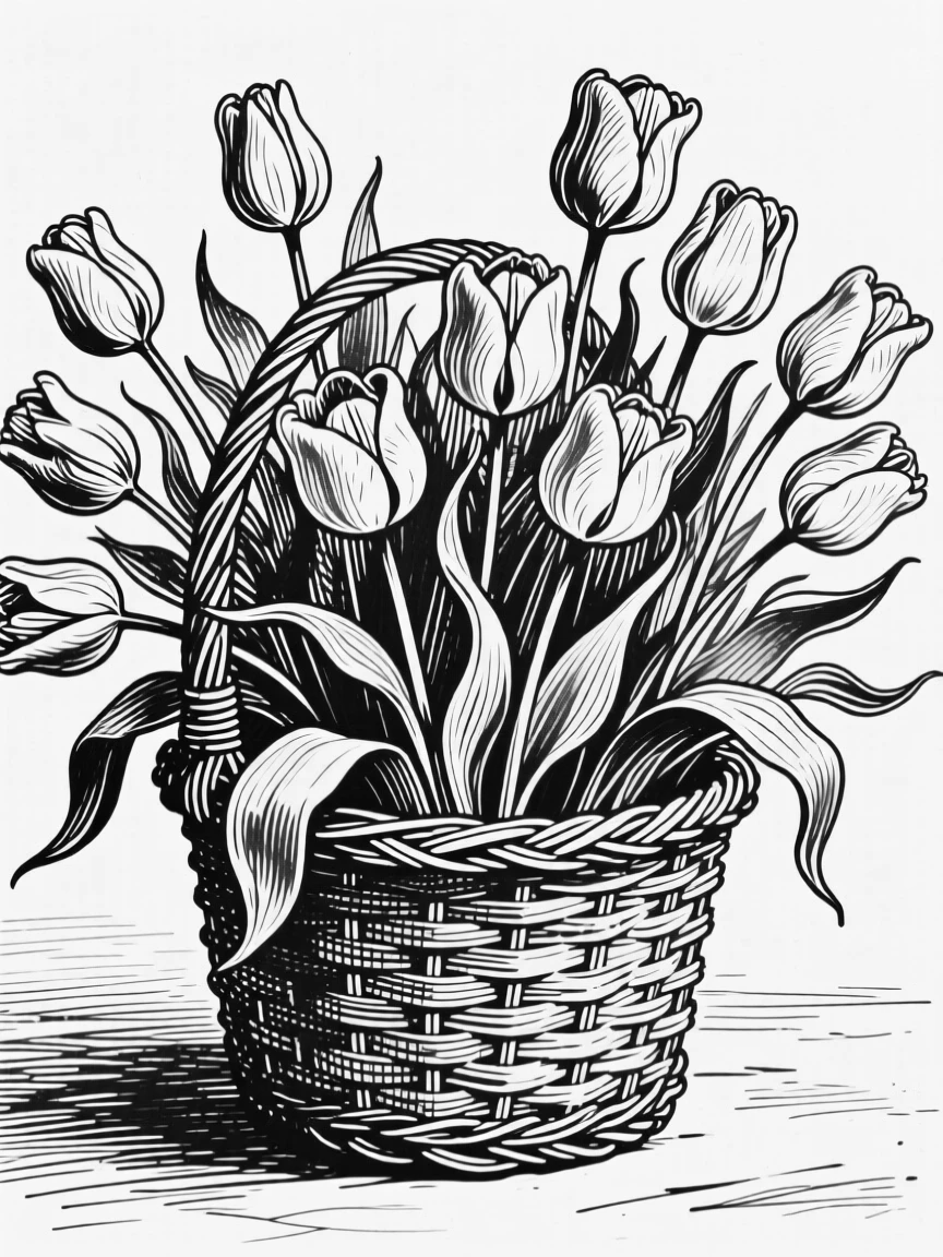 A field of tulips spilling out of a wicker basket, with leaves curling gently at the tips, composed in a lush and abundant still-life arrangement.