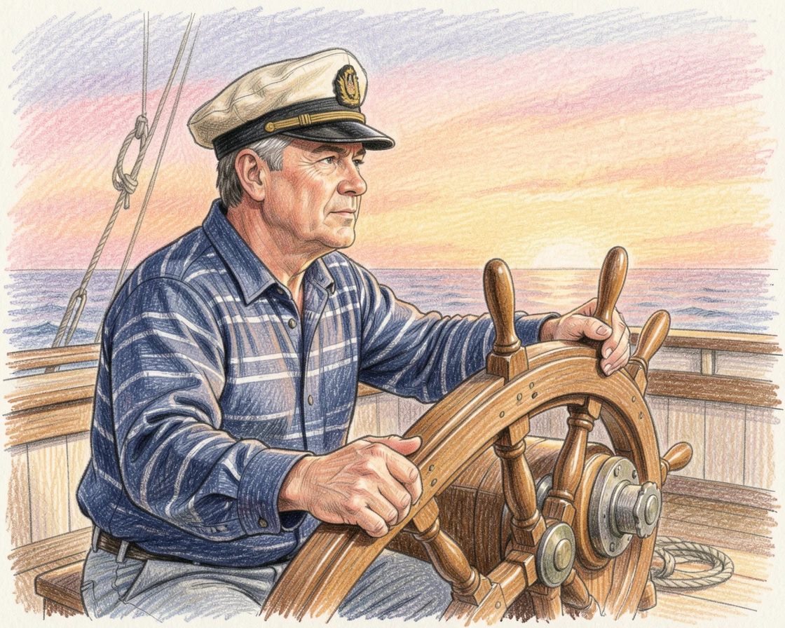 A sailor at the helm of a ship gazing toward the horizon, captured in a candid, unposed moment full of life, evoking warmth, authenticity, and quiet human connection.