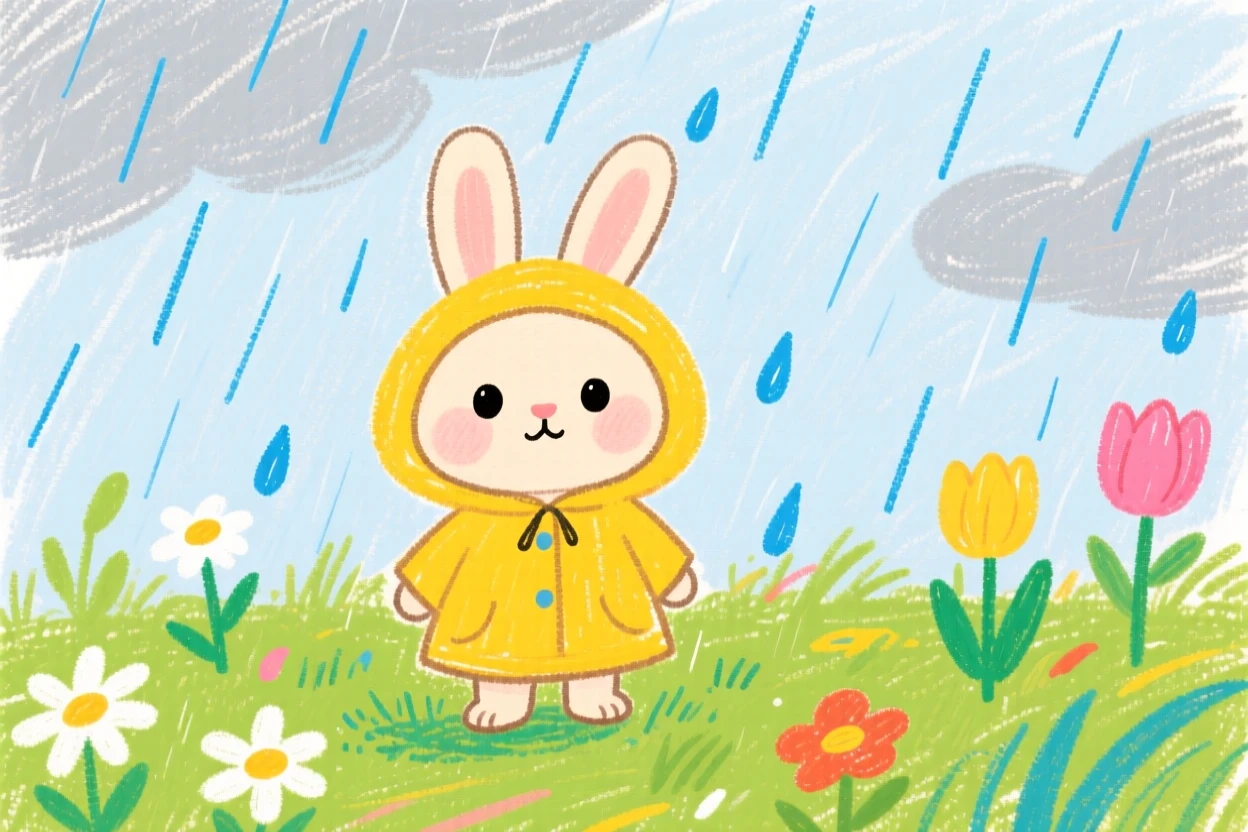 A shy rabbit wearing tiny raincoats during a garden shower.