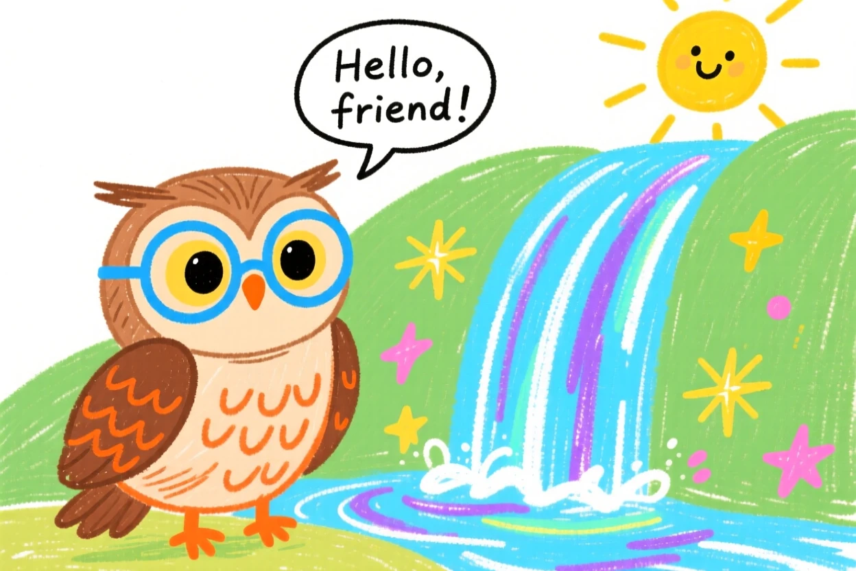 A wise talking owl wearing round spectacles beside a glowing magical waterfall.