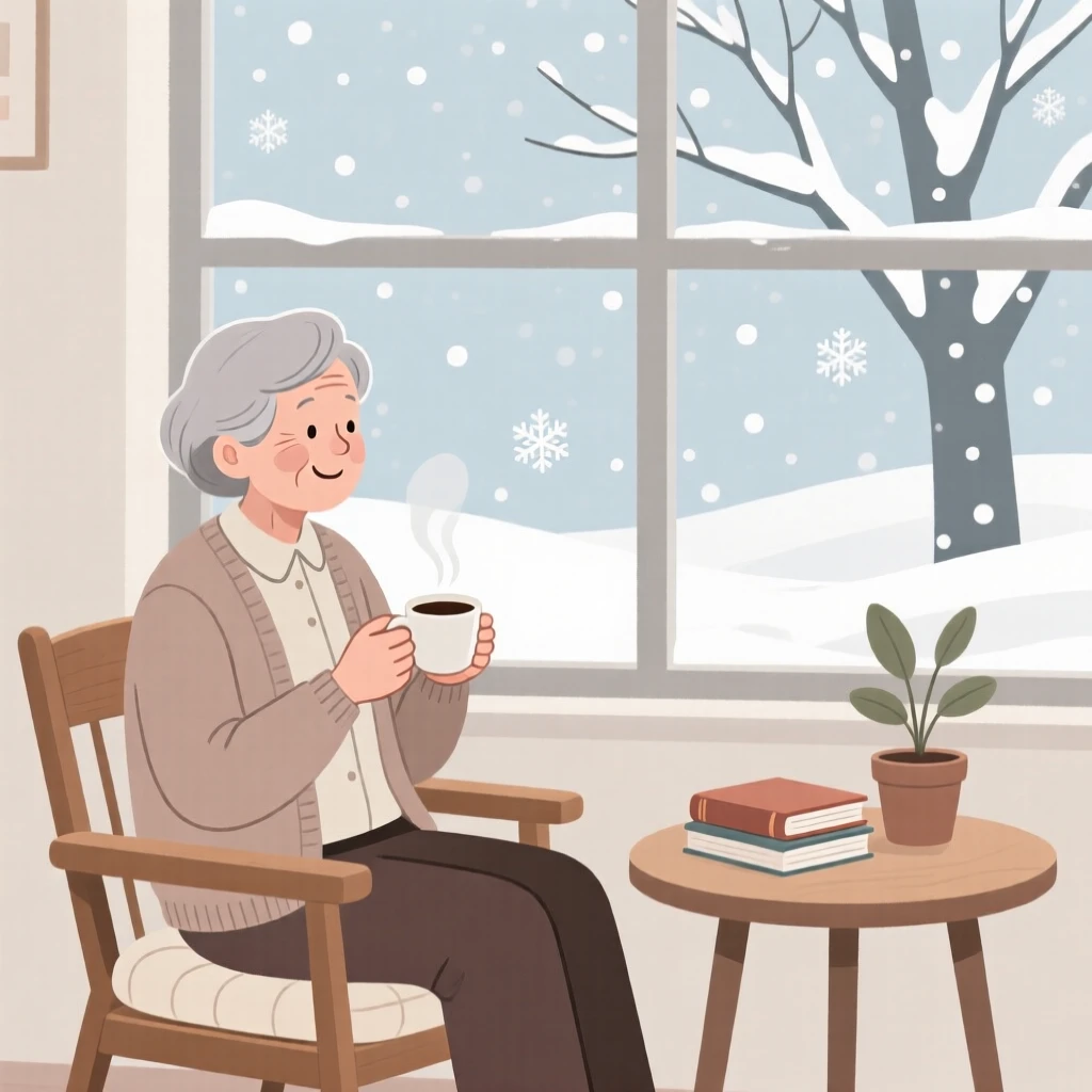 A retired teacher enjoying a quiet cup of coffee by a window on a snowy morning.