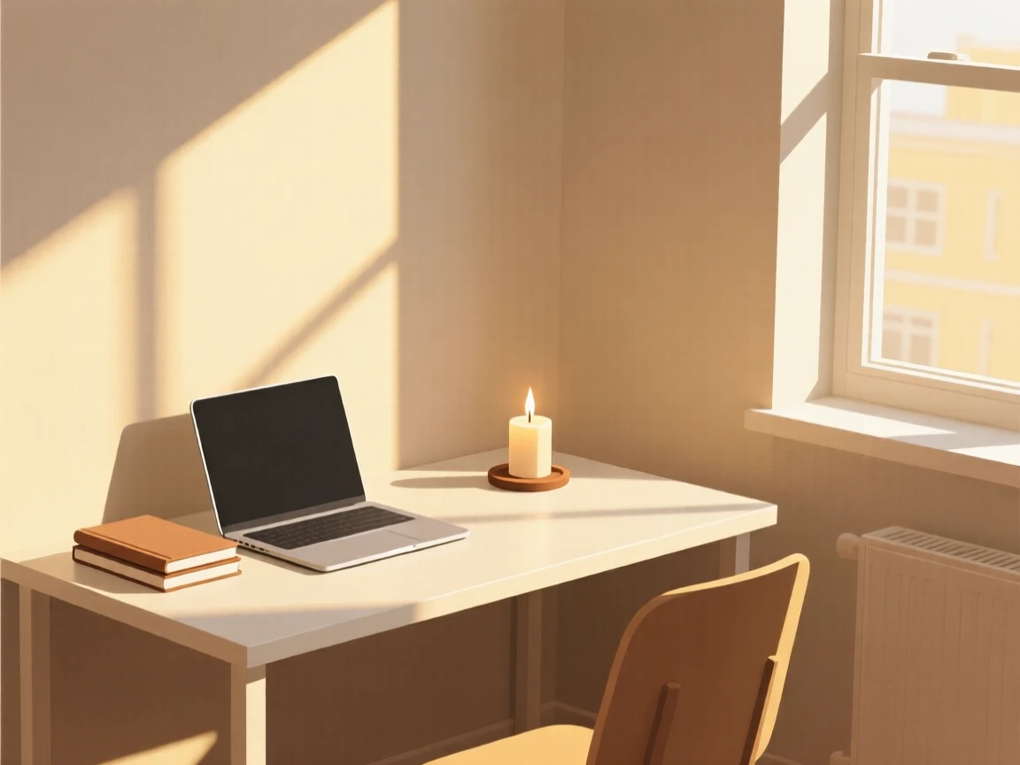 A morning scene of home office corner resting in a sunlit apartment beside a lit candle, radiating homey warmth.