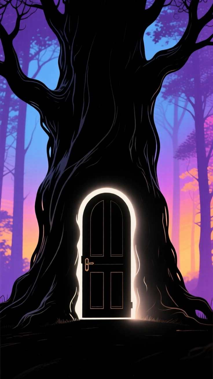 A hidden door carved into an ancient tree trunk, glowing faintly from within.