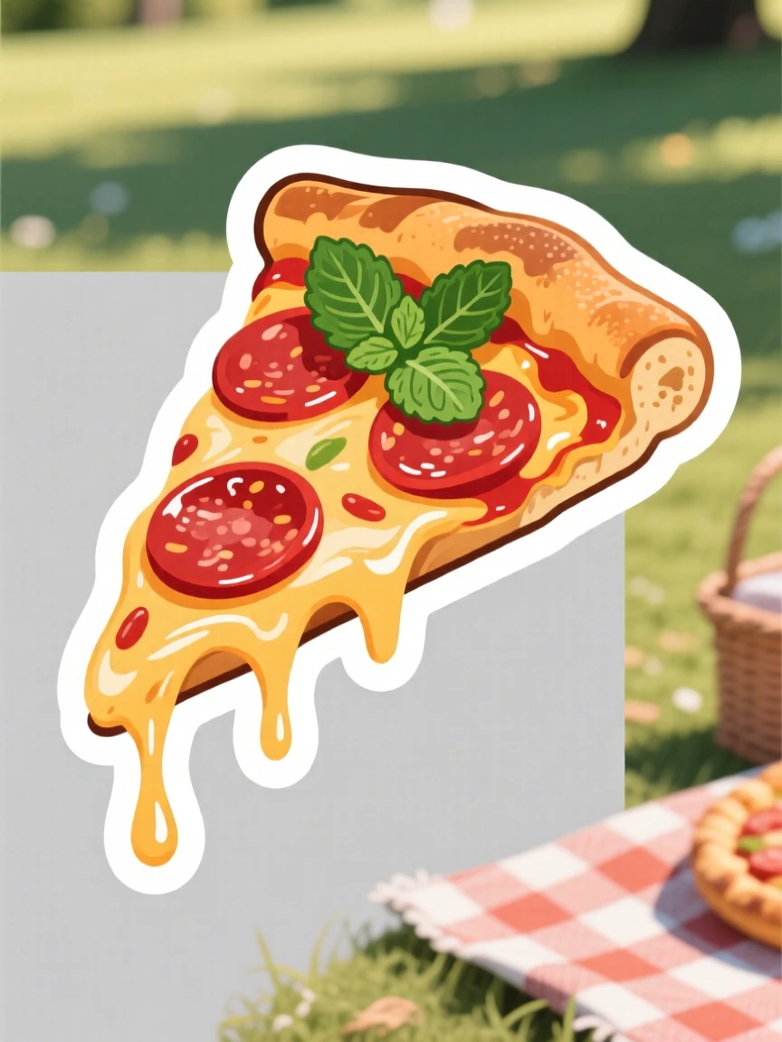 An irresistibly warm hot slice of pepperoni pizza with a cheese pull, garnished with a sprig of fresh mint, in a sunny outdoor picnic setting.