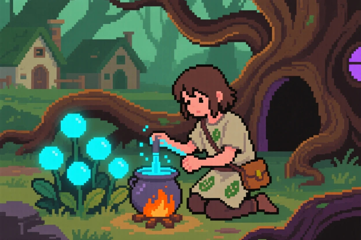 A young druid tending glowing plants brewing a glowing potion over a small fire, in a village built into giant tree roots.