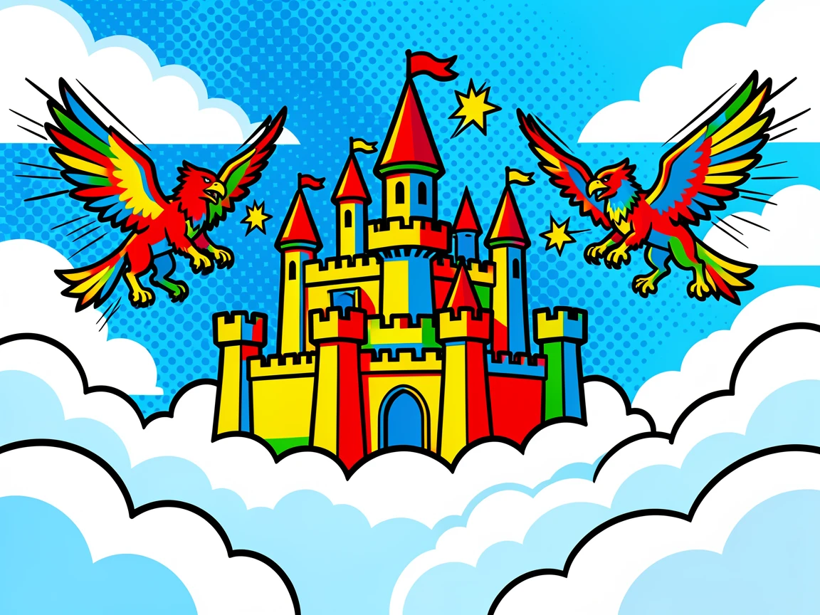 A castle floating above the clouds with griffins soaring nearby