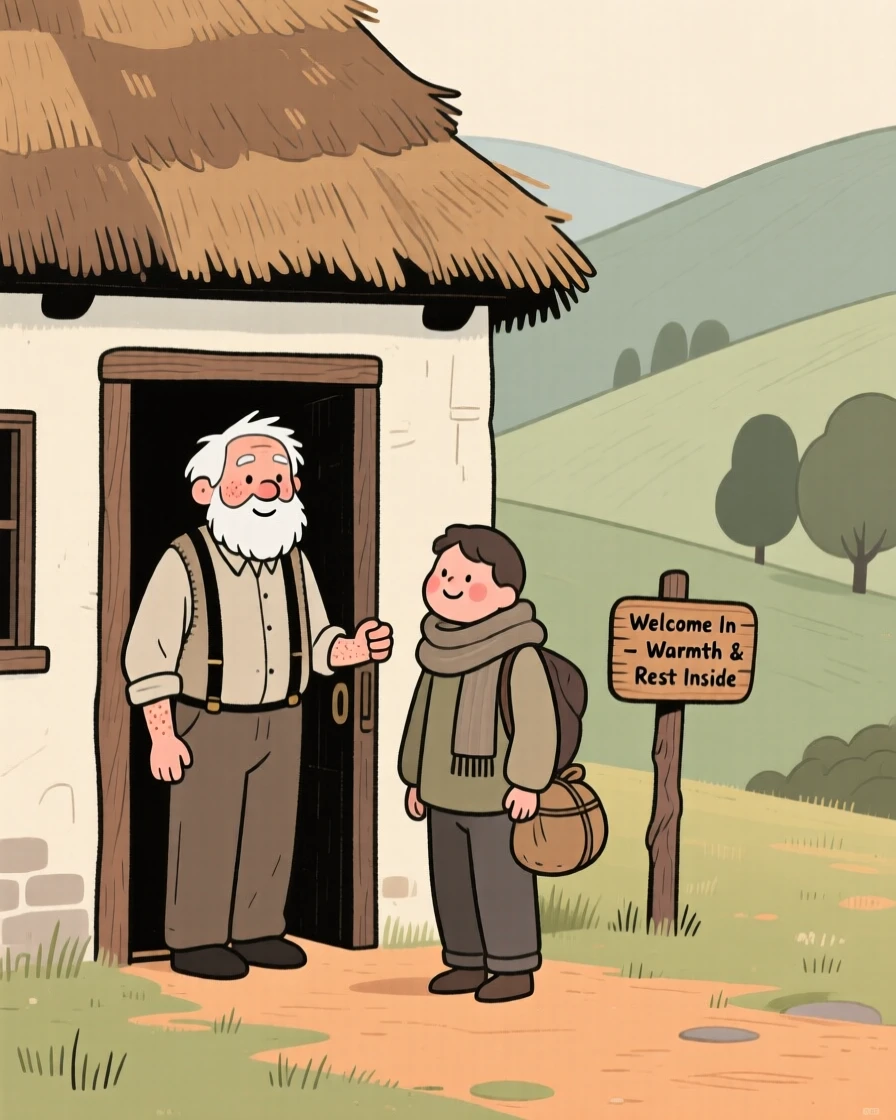 A kind old woodcutter stands at the door of a thatched cottage tucked into a quiet valley, welcoming a weary traveler inside from the cold.