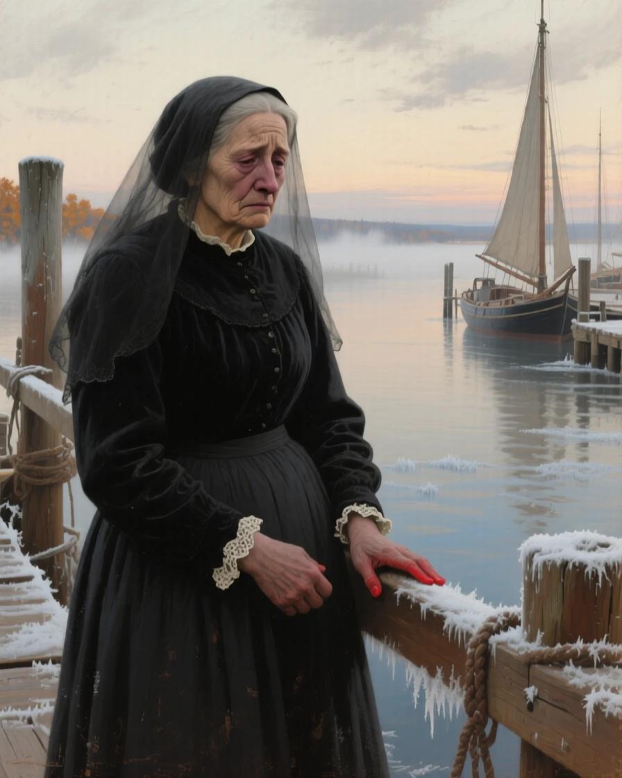 A detailed close shot of a widow standing alone at a quiet harbor, watching the horizon, on the American frontier, during the first frost of autumn.
