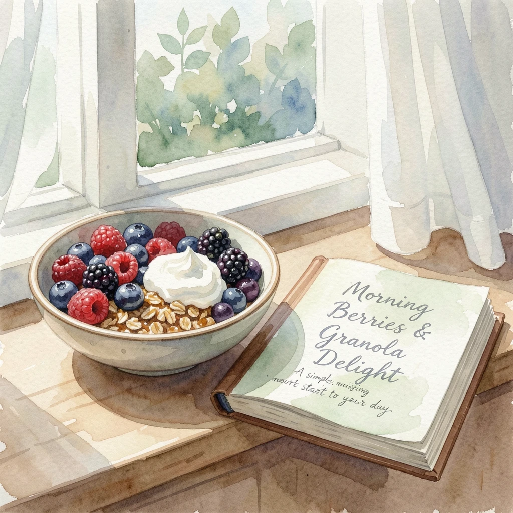A bowl of fresh mixed berries with yogurt and granola on a windowsill with morning light next to an open cookbook.
