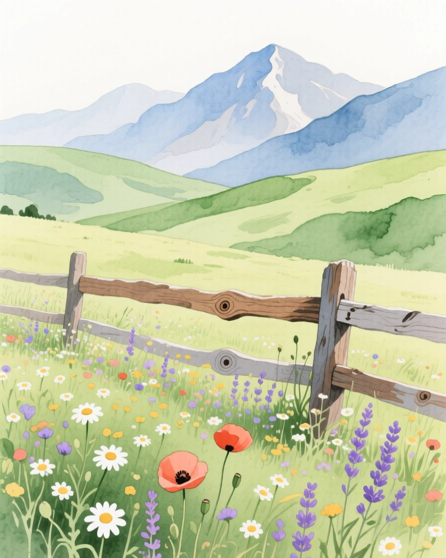 A meadow full of wildflowers leads to a rustic wooden fence with distant mountains rising beyond rolling green hills