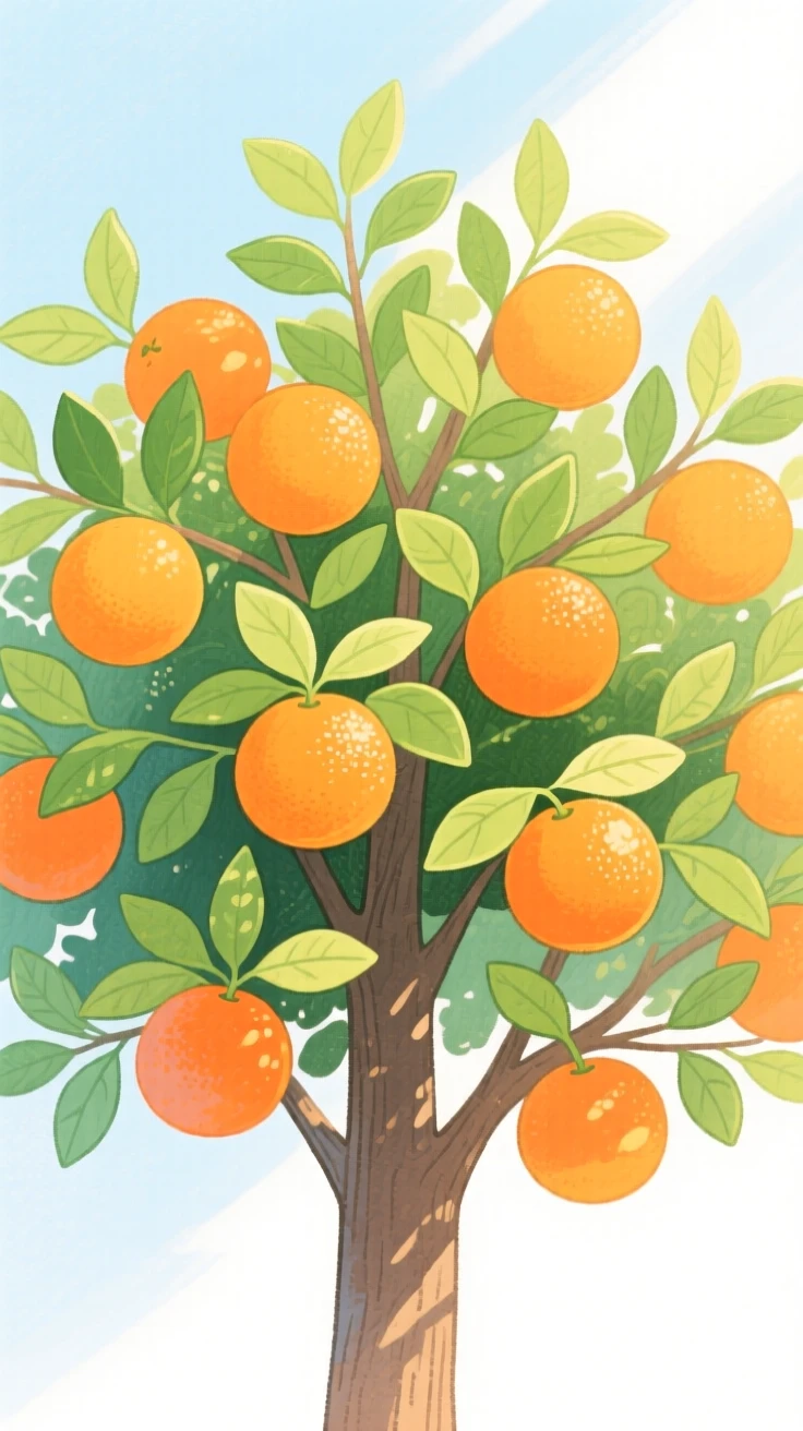 A citrus tree heavy with ripe oranges, vivid and full of life.