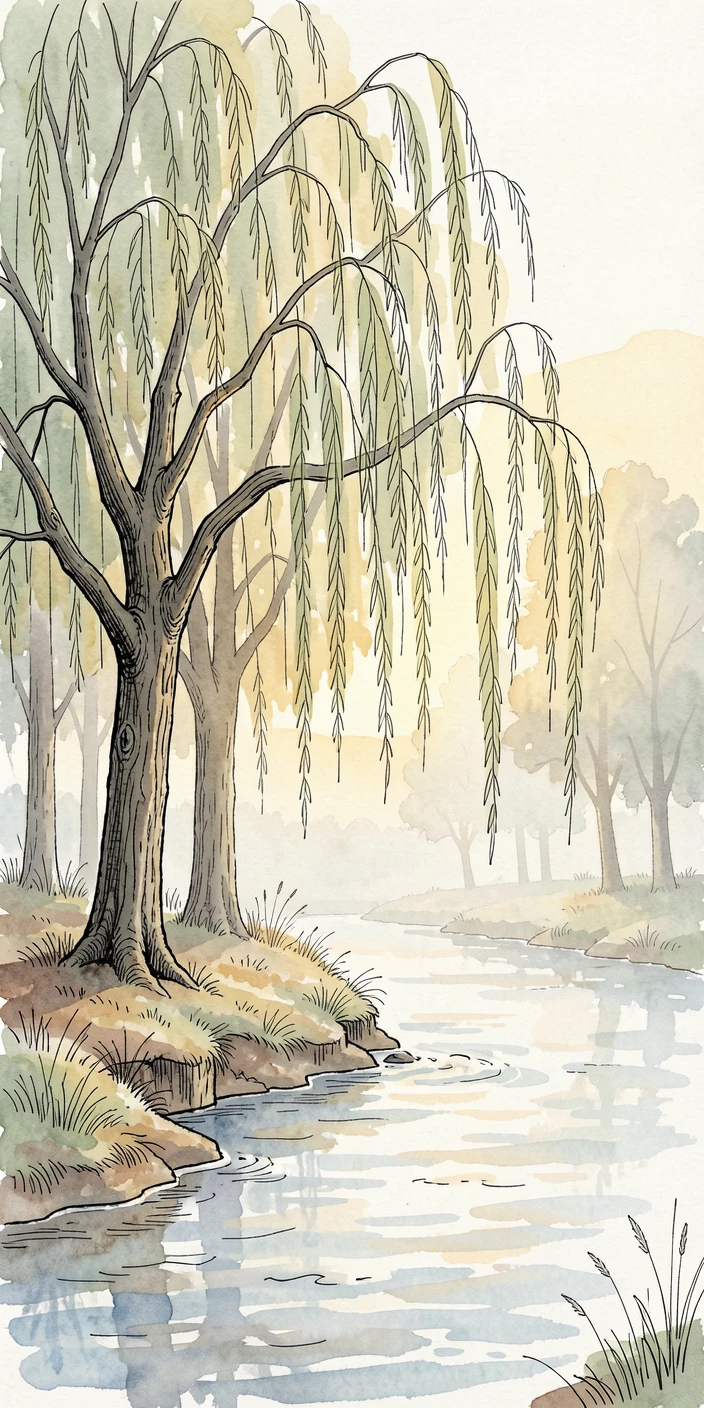 A quiet riverbank lined with weeping willows trailing into the current, a soft mist clinging to the low ground as the sun begins to rise.