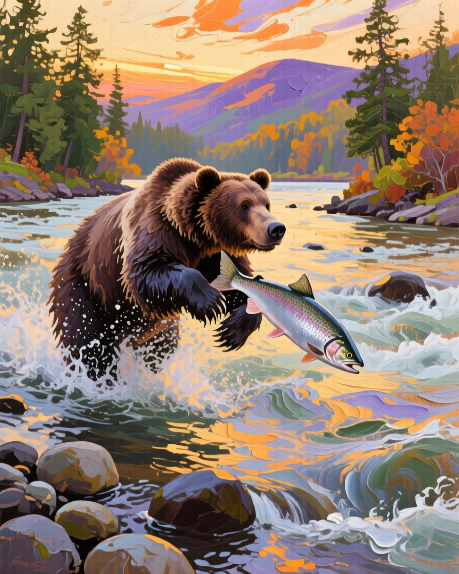 a bear catching salmon in a rushing river, in quiet evening light, with a balanced, spacious view of the surroundings.
