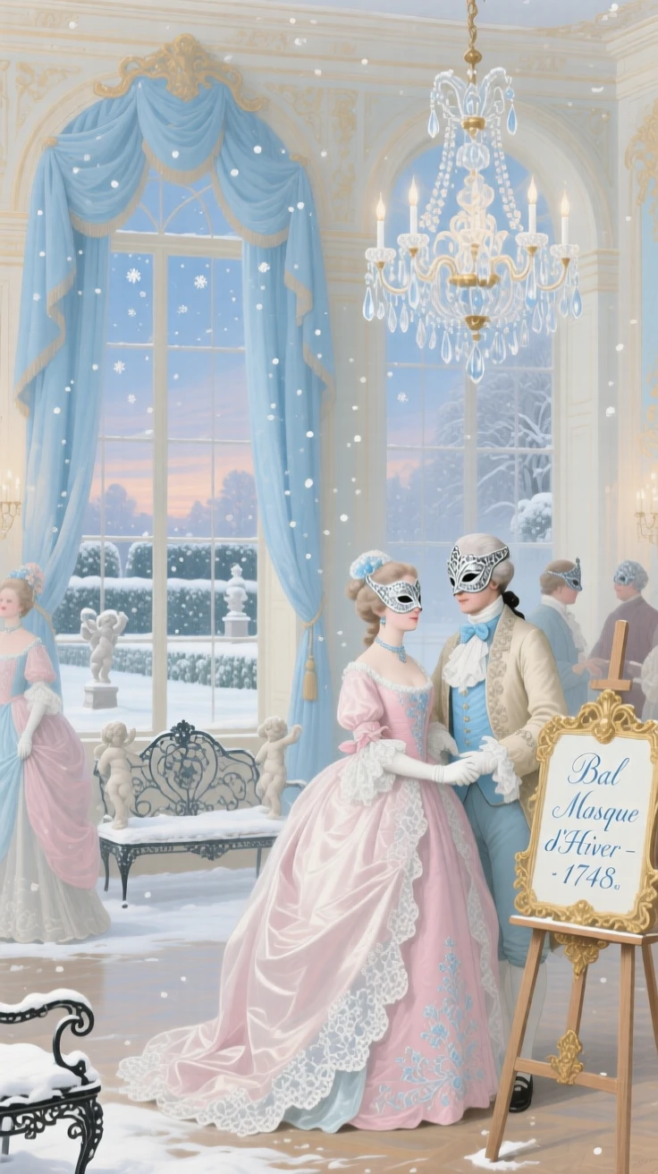 A winter masked ball with silver masks and snow-covered gardens beyond  