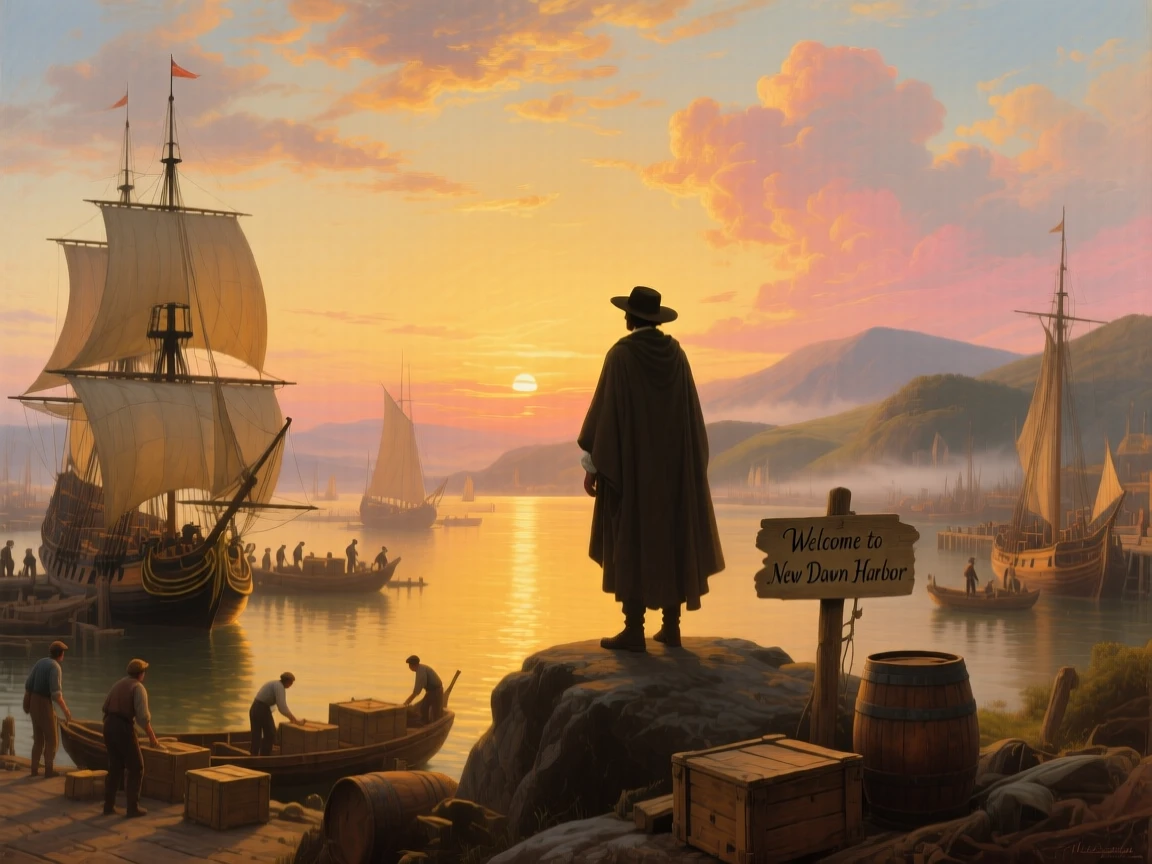 A traveler is silhouetted against the first golden light of sunrise above a bustling harbor.