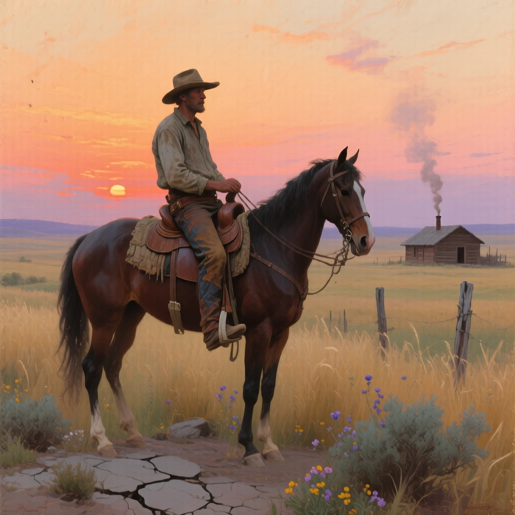 A weathered cowboy on horseback silhouetted against a prairie sunset, with the surrounding environment quietly reinforcing the emotion of the scene, celebrating the quiet dignity found in everyday human life