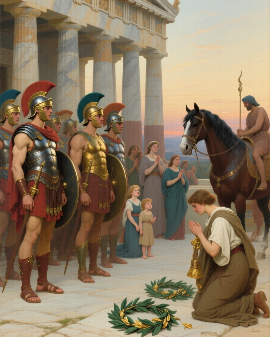 A band of Spartan warriors bidding farewell to their families at dawn while onlookers lean forward in astonishment, set against the marble columns of an ancient temple, surrounded by kneeling attendants, war horses, and scattered laurel wreaths; sweeping drapery and gesture guide the eye across the whole scene, filled with reverence for legend made flesh.