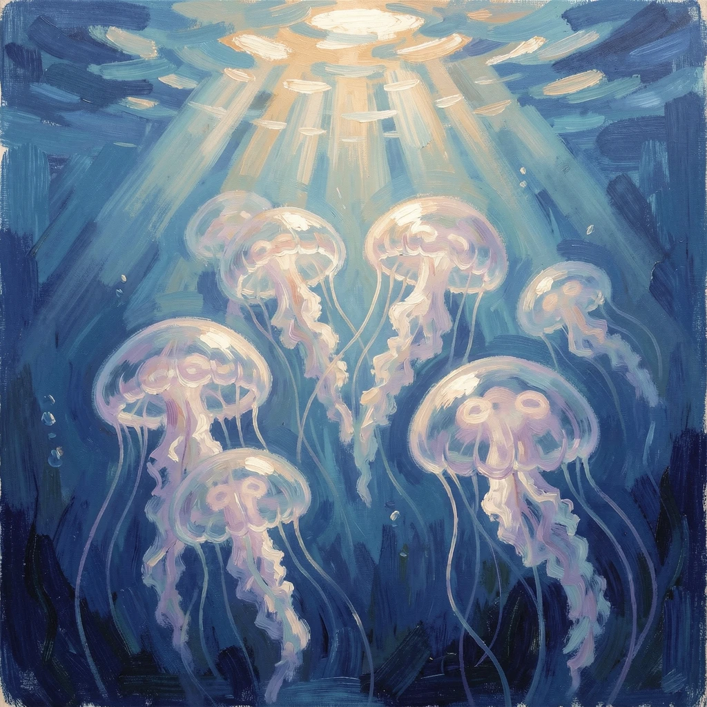 A cluster of jellyfish drifting gracefully through deep blue water lit by shafts of sunlight.