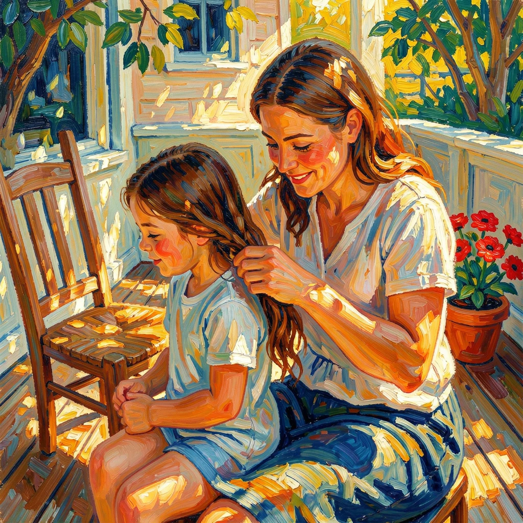 A mother braiding her daughter's hair on a sunny porch, both smiling softly.