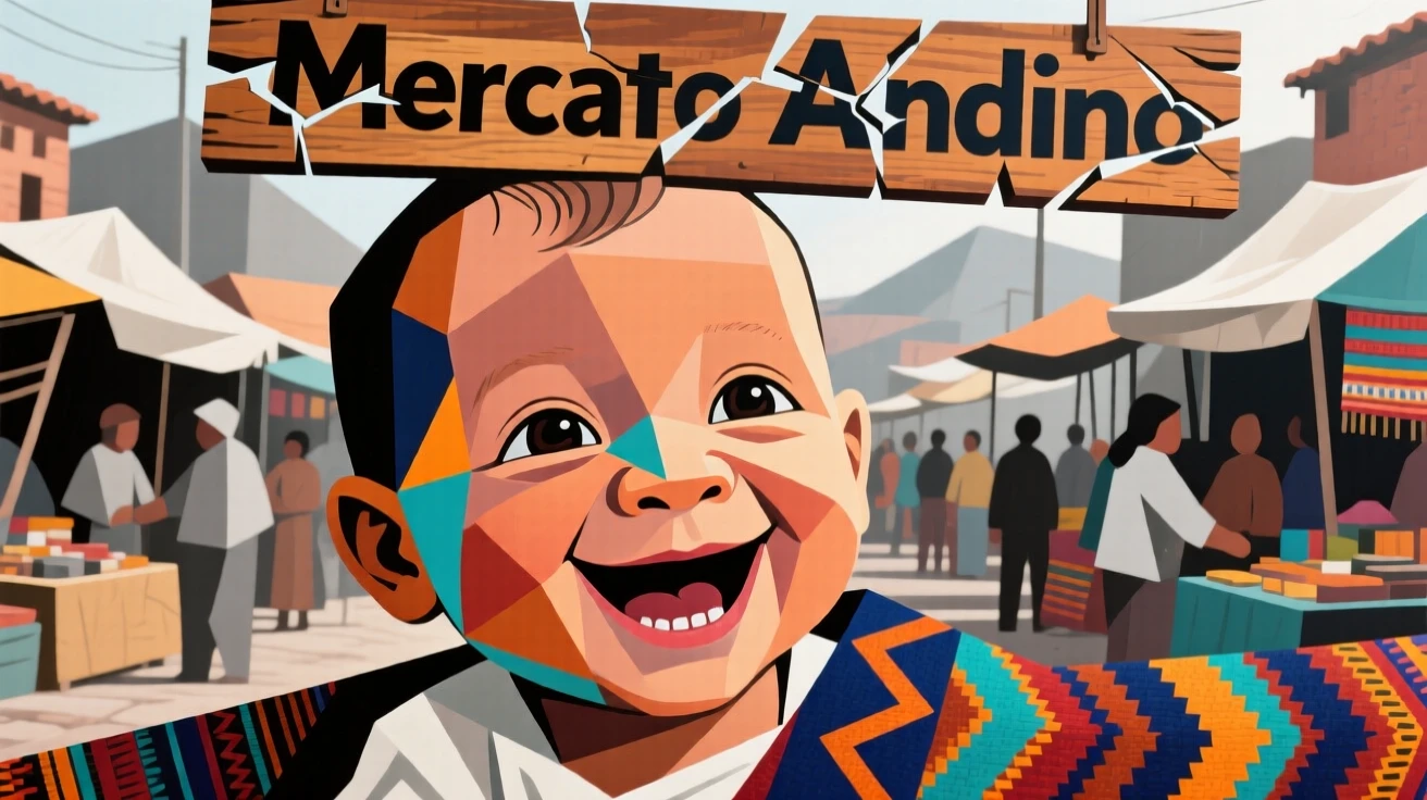 A close-up portrait of a newborn baby of Andean heritage, grinning with pride, at the edge of a bustling market.