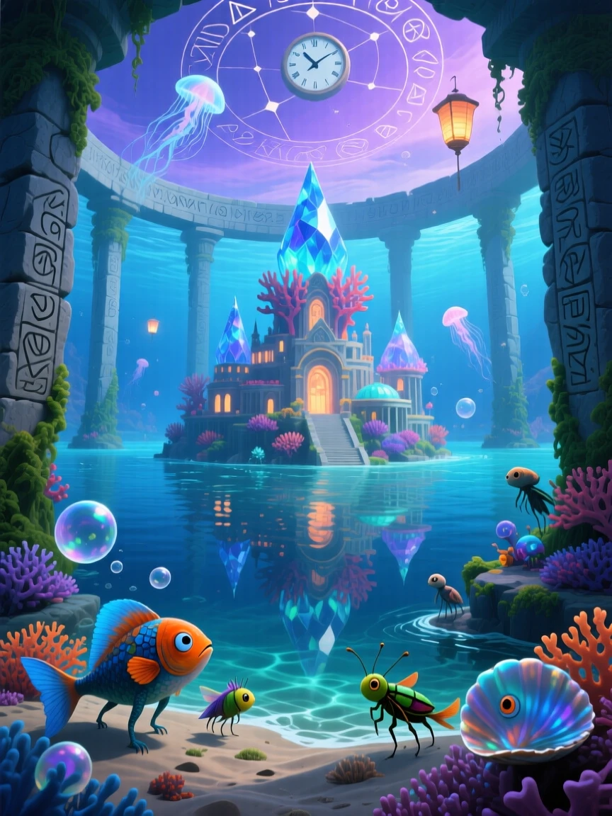 A merfolk city glowing softly beneath a glassy tropical sea stands motionless at the center of an ancient stone circle, as small creatures gather cautiously nearby to watch.